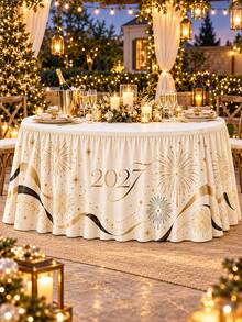 1pc 2027 New Year Table Skirt, Ivory Gold Fireworks Star Ribbon Print Polyester Ruffled Table Skirting, Elegant Rectangular Table Decor For New Year Eve Countdown Party, Buffet Table, Dessert Table, Banquet And Holiday Home Decoration - E - View 8