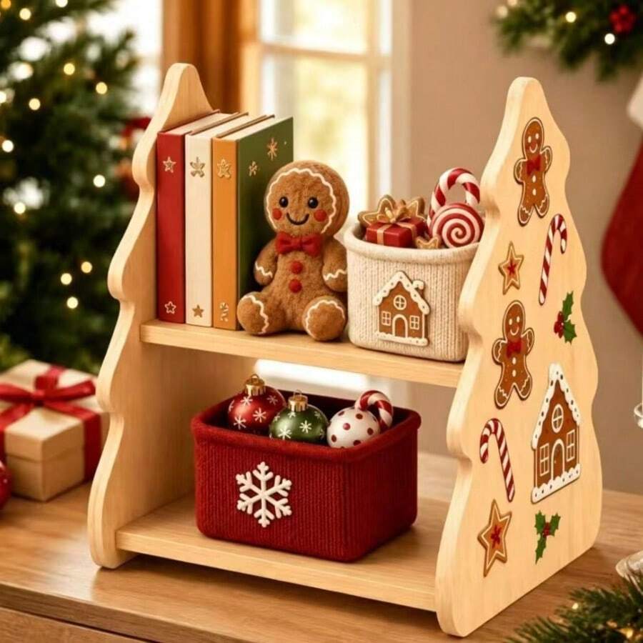 Wooden Christmas Desktop Organizer Rack, 2-Tier Holiday Candy Display Stand, Atmosphere Dessert Display Rack, Wooden Desktop Display Stand - Multicolor - View 1