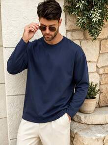ALTZTAR Men's Solid Color Casual Crew Neck Drop Shoulder T-Shirt - Navy Blue - View 1