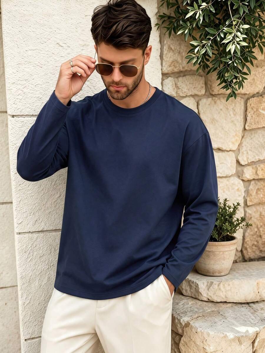 ALTZTAR Men's Solid Color Casual Crew Neck Drop Shoulder T-Shirt - Navy Blue - View 1