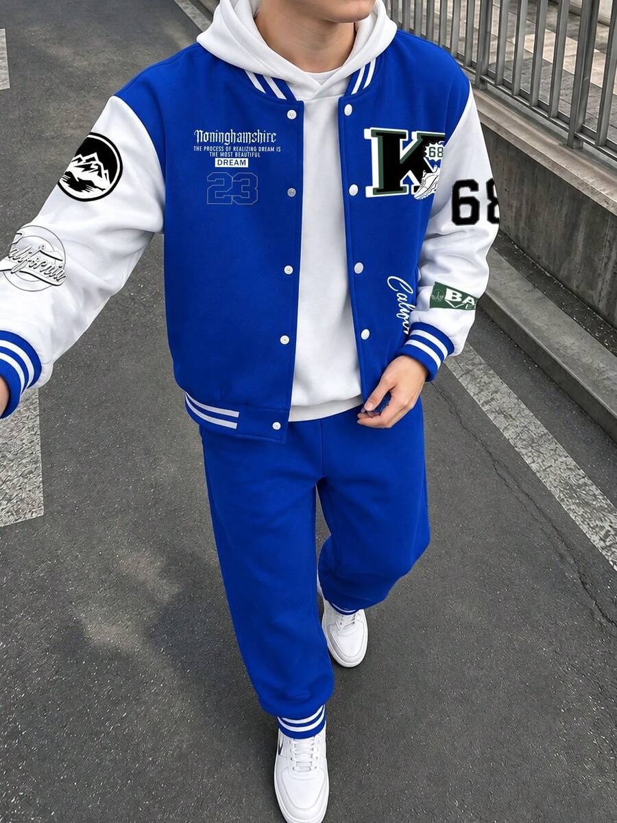 2pcs/Set Boys' Baseball Jersey & Pants Casual Sports College Style Outfit, Suitable For Autumn/Winter - Blue - View 1
