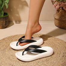 Couples EVA Thick Sole Thong Flip Flops, Minimalist Black & White Color Block Non-Slip Slippers, Home, Vacation, Beach, Unisex - Black and White - View 2
