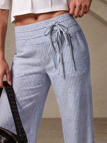 Elegant Women's Blue & White Striped Straight Leg Pants, Fashionable Woven Fabric Design With Convenient Drawstring And Knot Detail - Blue and White - View 2