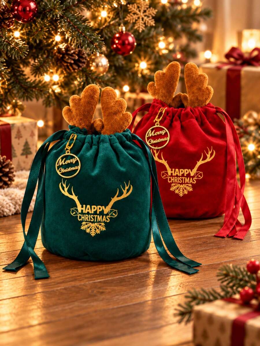 1pc Christmas Reindeer Antler Plush Drawstring Makeup Storage Bags, Includes Christmas Tags And Pins, Beige Velvet Cosmetic Pouch With Red Antlers, Soft Holiday Treat Pouches, Reusable Festive Organizer Pouch - Multicolor - View 1