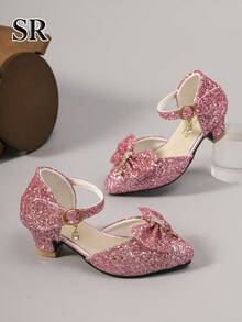 Shu Rui Sequin Bow Crystal Girls High Heel Sandals, Elegant Ankle Strap Children's Party Princess Shoes, Fashionable High Heels For Daily Wear - Pink - View 5