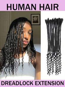 10pcs/Pack 100% Human Hair 0.6cm Top 0.4cm Bottom Width Curly Tail Dreadlock Extensions, Fully Hand-Braided, Natural Black For Women - Natural Black - View 1
