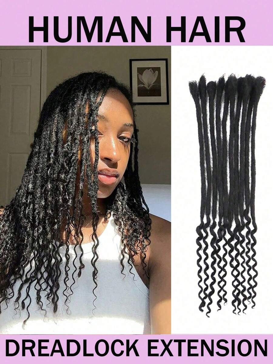 10pcs/Pack 100% Human Hair 0.6cm Top 0.4cm Bottom Width Curly Tail Dreadlock Extensions, Fully Hand-Braided, Natural Black For Women - Natural Black - View 1