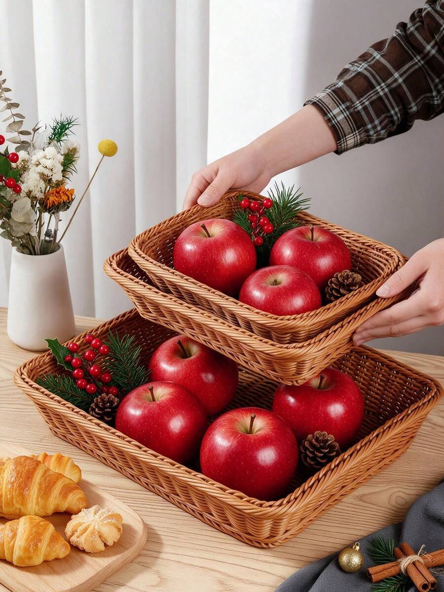 Faux Rattan Bread And Fruit Basket, Handmade Storage Basket, Perfect For Displaying And Storing Desserts. Apple Holder, Christmas Decoration