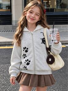 Girls Light Gray Cat Paw Print Zip-Up Hooded Jacket, Loose Drop Shoulder Casual Open-Front Sweatshirt - Light Grey - View 1