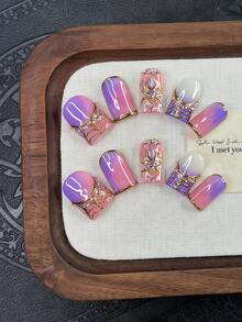 10pcs/Set Y2K Nails Handmade, Cute Nails, Purple Nails, 3D Spider Nails & 3D Spider Web Nails, Gradient Nails, Perfect For Parties & Daily Wear. Short Square Nails. Handmade Press On Nails Square, Fake Nails, Acrylic Nail, Handmade Nails, Fall Nails - Multicolor - View 11
