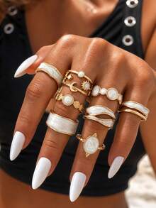 8pcs/Set Vintage Elegant Sexy European & American Style White Oil Drop Sun Rings, Luxury High-End Vacation Style Knuckle Rings, Suitable For Daily Wear And Vacation Parties - Gold - View 1