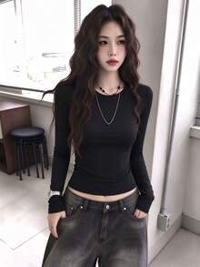 女款時尚秋冬修身舒適休閒極簡百搭長袖T恤 - 黑色 - 查看 4