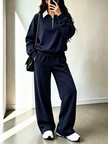 2Pcs Polo Oversized Sweatshirt Relaxed Fit Back To School Autumn Winter Cosy Fall Christmas Cute Casual Everyday Capsule Wardrobe Y2K Streetwear - Navy - View 1