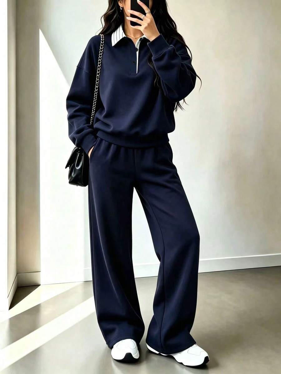2Pcs Polo Oversized Sweatshirt Relaxed Fit Back To School Autumn Winter Cosy Fall Christmas Cute Casual Everyday Capsule Wardrobe Y2K Streetwear - Navy - View 1