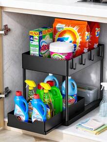 Minimalist Double-Layer Pull-Out Storage Rack, Kitchen Sink Bathroom No-Drill Organizer, Drawer Style, 4 Detachable Hooks, Raised Edges, Bottom Hollow Drainage Holes, Recessed Handles, Suitable For Kitchen Sink, Bathroom Vanity, Office Desk, Rental Apartment Dormitory And Other Home Scenes, Space-Saving And Convenient Access, Home Daily, Christmas, Holiday Pull-Out Storage Rack - Multicolor - View 10