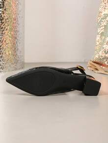 Pointed Toe Slingback Sandals, Women's Elegant High Heels, Chunky Heel Closed Toe Pumps, Versatile Minimalist Women's Shoes, Patchwork Design - Black - View 4