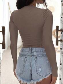 Vaiaye Women's Plus Size Fitted V-Neck Sexy Long Sleeve Y2K Spring-Summer Knit Top, Solid Color V-Neck T-Shirt, Suitable For Valentine's Day - Coffee Brown - View 10