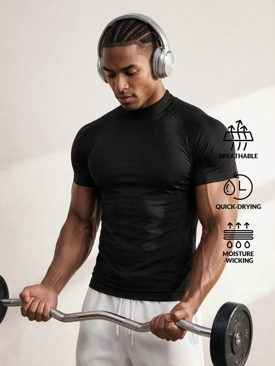 Driftmere Men's Half High Collar Running Shirts, Moisture Wicking, Quick Dry, Breathable, Cool Workout Athletic T-Shirts Sports Black Summer - Black - View 1