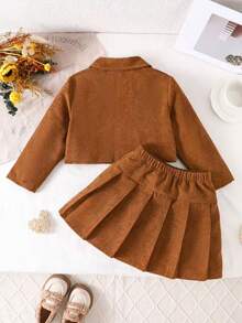 Young Girls Spring/Autumn Vintage Corduroy Short Turn-Down Collar Jacket + Pleated Skirt Casual 2 Pieces Set - Khaki - View 3