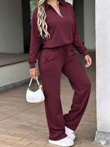 LUNNELUX Women Fall Burgundy Knit 2 Pieces Outfits, Half Zip Collar Long Sleeve Top & Drawstring Wide Leg Pants Set Halloween Travel Daily Tracksuit - Burgundy - View 6
