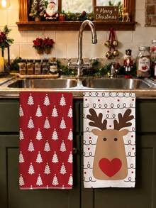 MEMNUN 2 Pcs Merry Christmas Winter Christmas Cartoon Red Christmas Tree Silhouette And Reindeer Print Pattern Kitchen Towels Dish Cloths, Super Fine Microfiber Polyester Material, Christmas Theme Decorative Hand Towels, Christmas Home Decor, Kitchen Decor, Christmas Decor, Suitable For Restaurant, Kitchen, Holiday Decoration And Gift Giving, 40*60cm/45*70cm - Multicolor - View 8