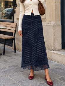 Women's Autumn Vintage Polka Dot Mid-Waist Slim Fit Deep Blue Straight Micro A-Line Midi Skirt, Versatile For Commuting And Vacation - Navy Blue - View 9