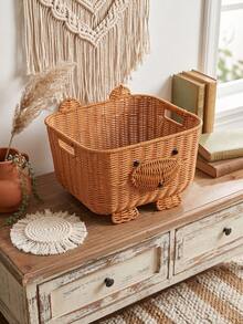 1pc Round Large Woven Rattan-Style Storage Basket With Lid, Bohemian Farmhouse Country Style Decorative Dust-Proof Basket, Suitable For Snacks, Jewelry, Cosmetics, Toys, Fruit, Multi-Functional Home Storage Kitchen Accessories Living Room Bedroom Decor - Camel - View 6