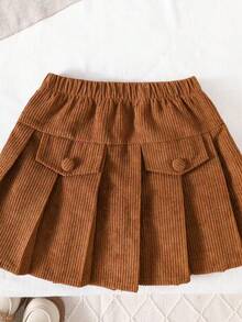 Young Girls Spring/Autumn Vintage Corduroy Short Turn-Down Collar Jacket + Pleated Skirt Casual 2 Pieces Set - Khaki - View 7