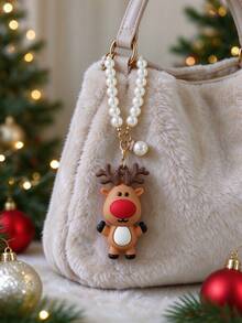 1pc Christmas Red Nose Reindeer Car Rearview Mirror Hanging Ornament, Multi-Functional Cartoon Soft Rubber Pendant, Gentle Faux Pearl Chain Charm, Cute Deer Bag Charm, Holiday Gift Keychain, Car Rearview Mirror Decoration - A - View 4