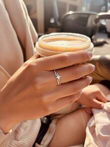1pc Copper Zirconia Starburst Open Adjustable Ring - Silver - View 2