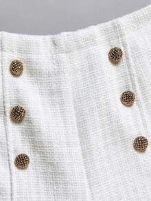 Elegant Fall Winter White Tweed Wide Leg Pants Women High Waist Double Breasted Gold Button Trousers Christmas Outfit - Beige - View 8