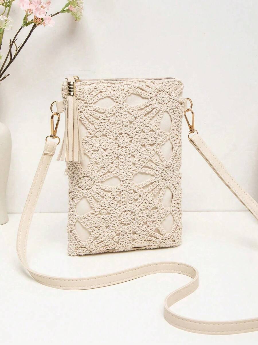 Mini Hollow Pattern Woven Small Square Crossbody Bag, Women's Straw Shoulder Bag, Beach Bag, Multi-Functional Vacation Bag, Women's Wallet - Apricot - View 1