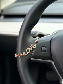 1pc Letter Love Red Heart Chain Car Steering Wheel Hanging Decoration, Exquisite Car Interior Decor Accessory - A - View 6
