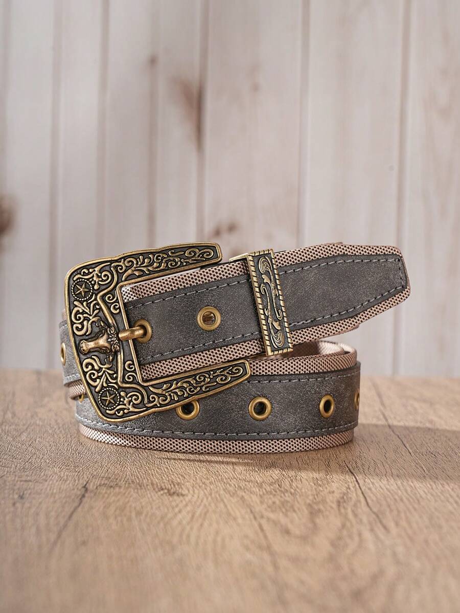 1pc Vintage Western Cowboy Style Men's Belt, Jeans Belt With Contrast Color And Metal Eyelet Design - BH1265 - View 1