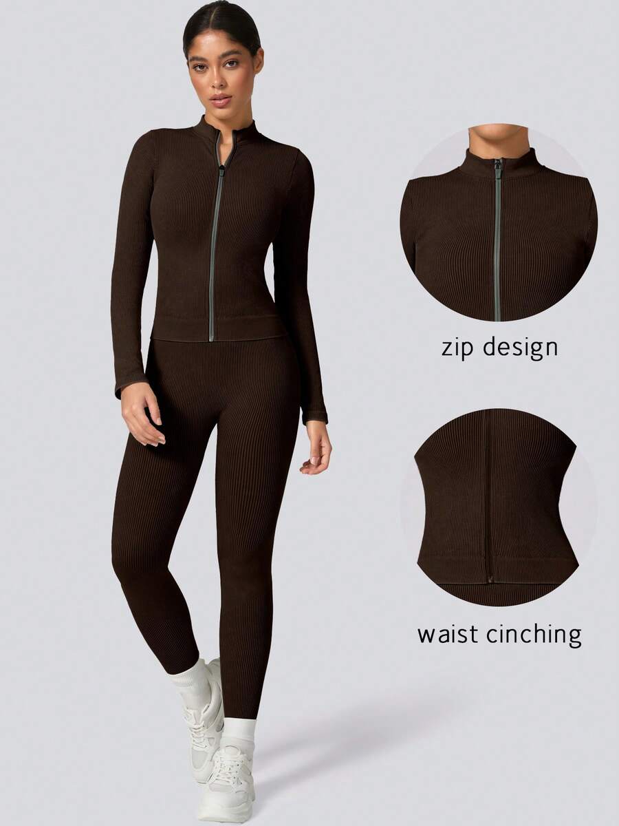 Women's Slim Fit Long Sleeve Pants Set, Washed Coarse Ribbed Stripe, Zipper Stand Collar, Christmas New Year Outing Outfit - Coffee Brown - View 1