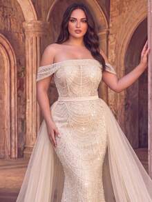 Plus Size Elegant Mermaid Ball Gown For Women, Cold Shoulder Cold Shoulder Sequin Beaded Long Formal Evening Dress, Lace-Up Back, Suitable For Parties - Champagne - View 9