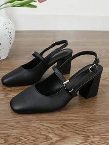 XBYASDF 女款黑色露背 7cm 粗跟高跟鞋，復古方頭可調節綁帶鞋，適合通勤、派對與約會 - 黑色 - 查看 6