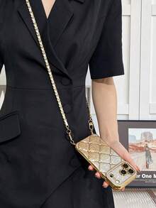 1pc Rhinestone Sequin Leather Chain Studded Air Cushion Electroplated Gold TPU Shockproof Phone Case Compatible With IPhone - Multicolor - View 7