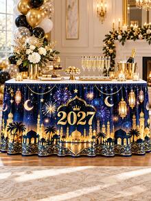 1件 2027新年桌裙，海軍藍金色清真寺新月燈籠煙花印花聚酯纖維荷葉邊桌裙，中東風格圓桌裝飾，適用於跨年派對、宴會、自助餐桌及節日居家裝飾 - D - 查看 2