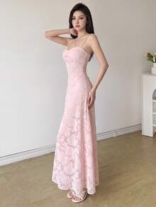 Top Dazzle Fashionable Women's Long Dress, Sleeveless Spaghetti Strap Design With Delicate Spaghetti Strap And Intricate Floral Pattern, Help You Stand Out In Any Ball Or Elegant Occasion - Pink - View 9
