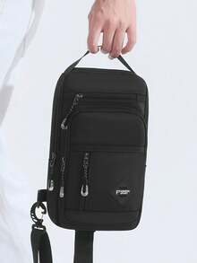 Men's Chest Bag, Durable Fabric Body, Multi-Compartment Zipper Storage, Paired With Wide One Shoulder Strap, Can Be Worn Crossbody. Lightweight And Compact Body, Rational Partitioning, Convenient For Categorized Storage Of Personal Items, Simple And Clean Design, Suitable For Commuting And Outdoor Use. - Black - View 2