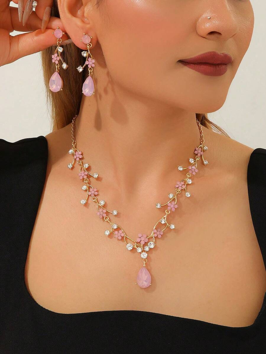 3件組 粉色水鑽水滴女款耳環與項鍊 華麗派對珠寶套裝 - 粉色 - 查看 1