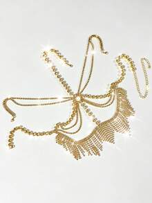 1pc Long Tassel Multi-Layer Rhinestone Mask, Shiny Jewelry Accessory For Women's Banquet And Party - Gold - View 3