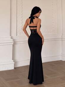 Summer, Elegant Dress, Lace Paneled Backless Halterneck Party Dress, Suitable For Vacation, Beach, Christmas, New Year, Festival, Prom - Black - View 5