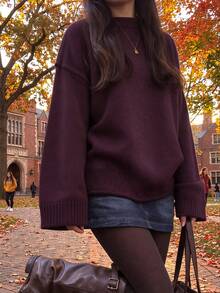 Just Masa Women's Casual Simple Basic Knit Sweater,Vintage Loose Round Neck Dropped Shoulder Long Sleeve Pullover,For Fall Winter Outfit,Daily Wear - Dark Brown - View 1