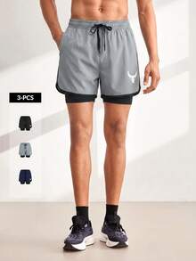 Driftmere 3pcs/Set Men's Casual Daily Fitness & Running Outdoor Sports 2 In 1 Double Layer Shorts Summer - Multicolor - View 1