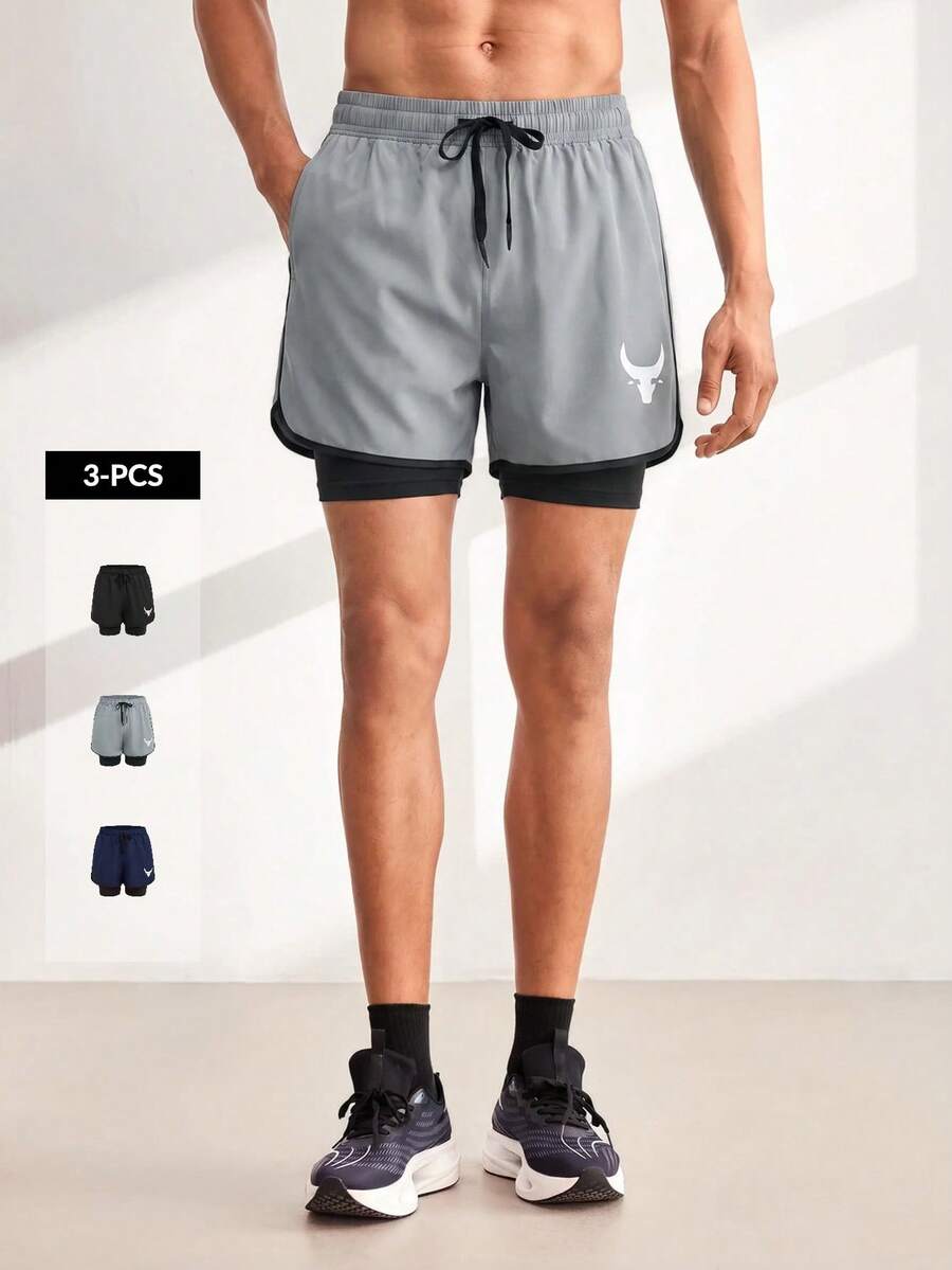 Driftmere 3pcs/Set Men's Casual Daily Fitness & Running Outdoor Sports 2 In 1 Double Layer Shorts Summer - Multicolor - View 1