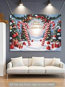 Customizable Text Winter Christmas Theme Backdrop, Christmas Tree, Gift Box, Holly, Candy Cane, Bell, Pine Cone, Snowflake Pattern Decorative Design, Suitable For Christmas Party, Family Gathering, Prayer, Photography Background Decoration, Photography Banner, Vinyl - Multicolor - View 6