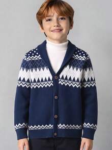 Chaqueta de punto con cuello de contraste y estampado geométrico para niños preadolescentes, adecuada para la escuela, uso diario, primavera, otoño e invierno - Azul Marino - Ver 1