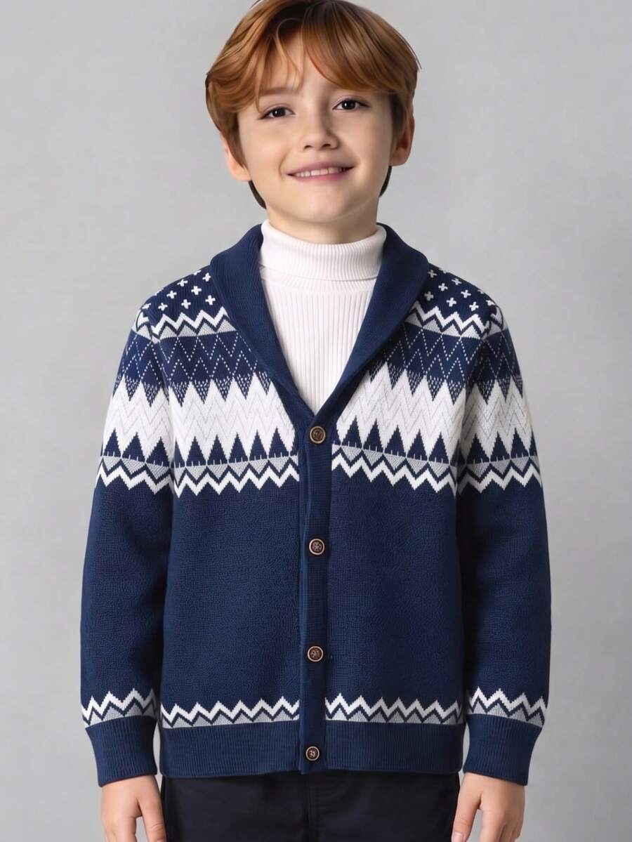 Chaqueta de punto con cuello de contraste y estampado geométrico para niños preadolescentes, adecuada para la escuela, uso diario, primavera, otoño e invierno - Azul Marino - Ver 1